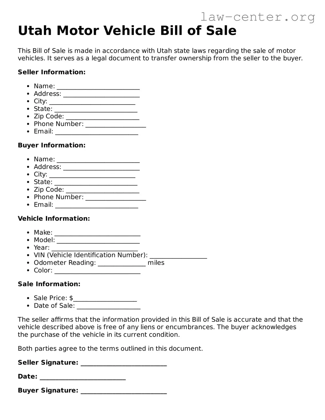 Attorney-Approved Utah Motor Vehicle Bill of Sale Document