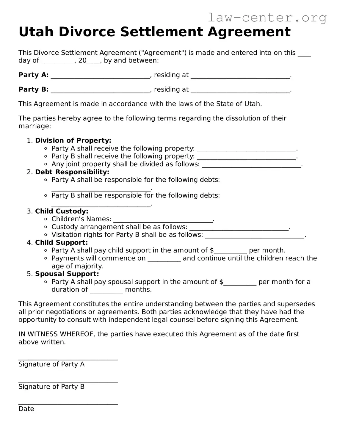 Attorney-Approved Utah Divorce Settlement Agreement Document