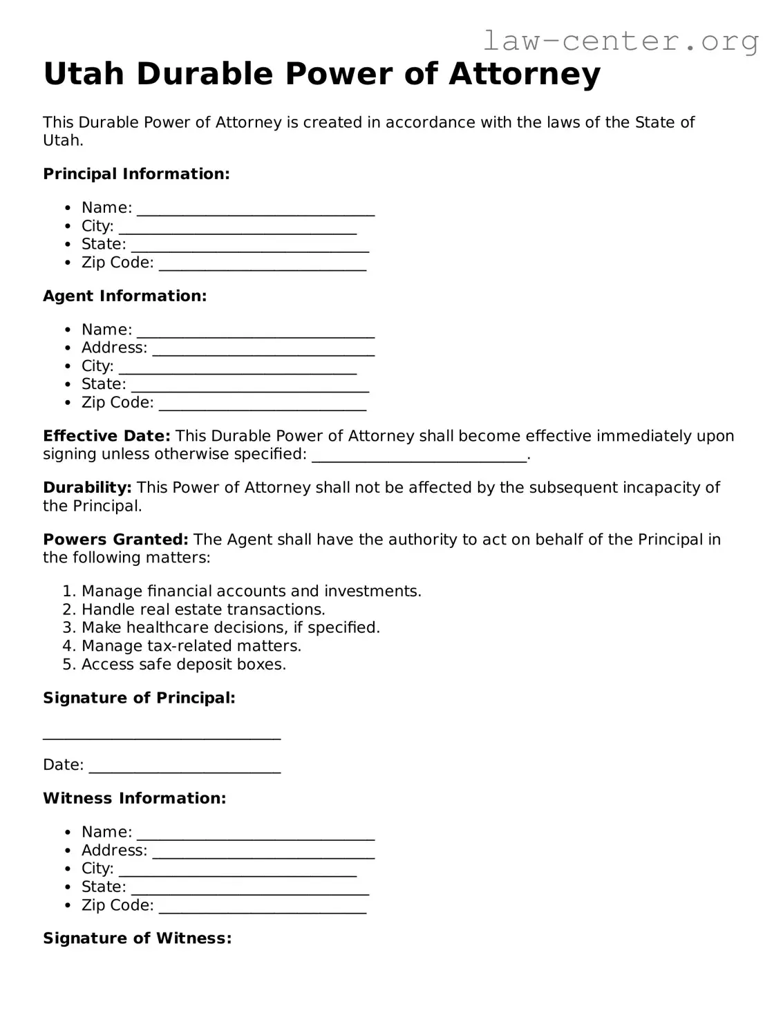 Attorney-Approved Utah Durable Power of Attorney Document