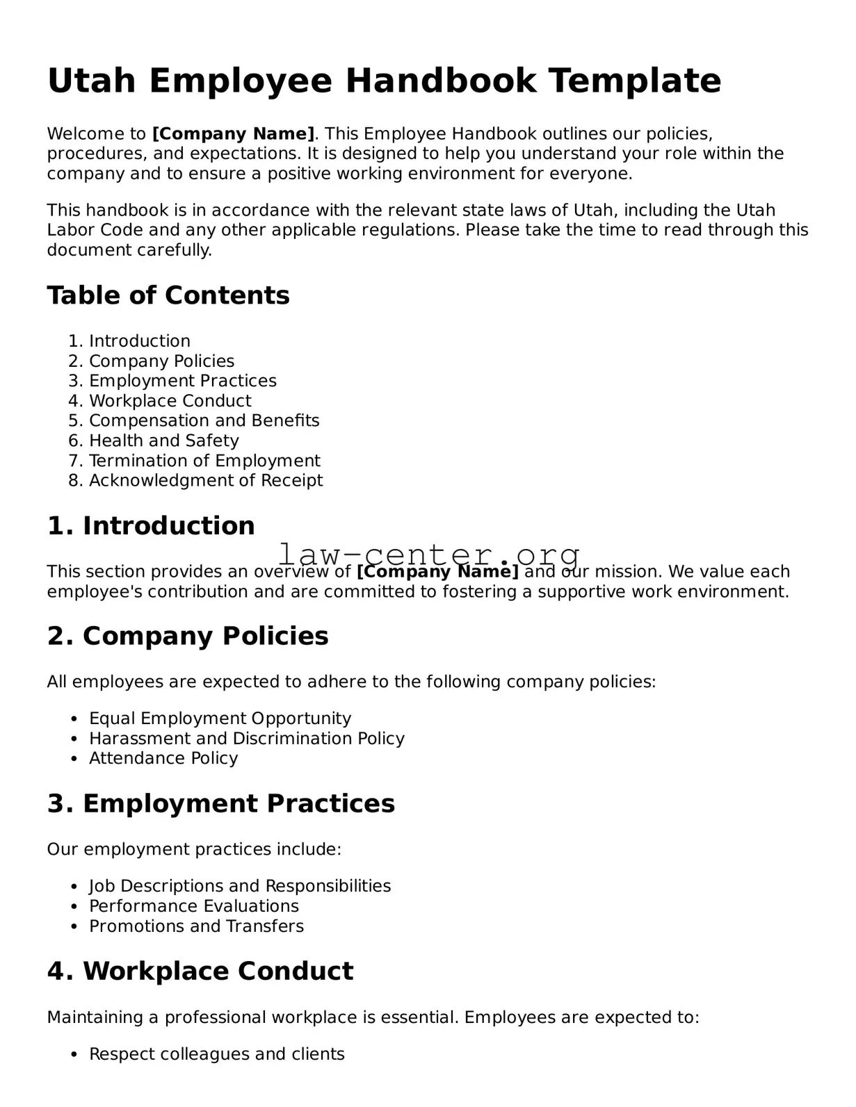 Attorney-Approved Utah Employee Handbook Document