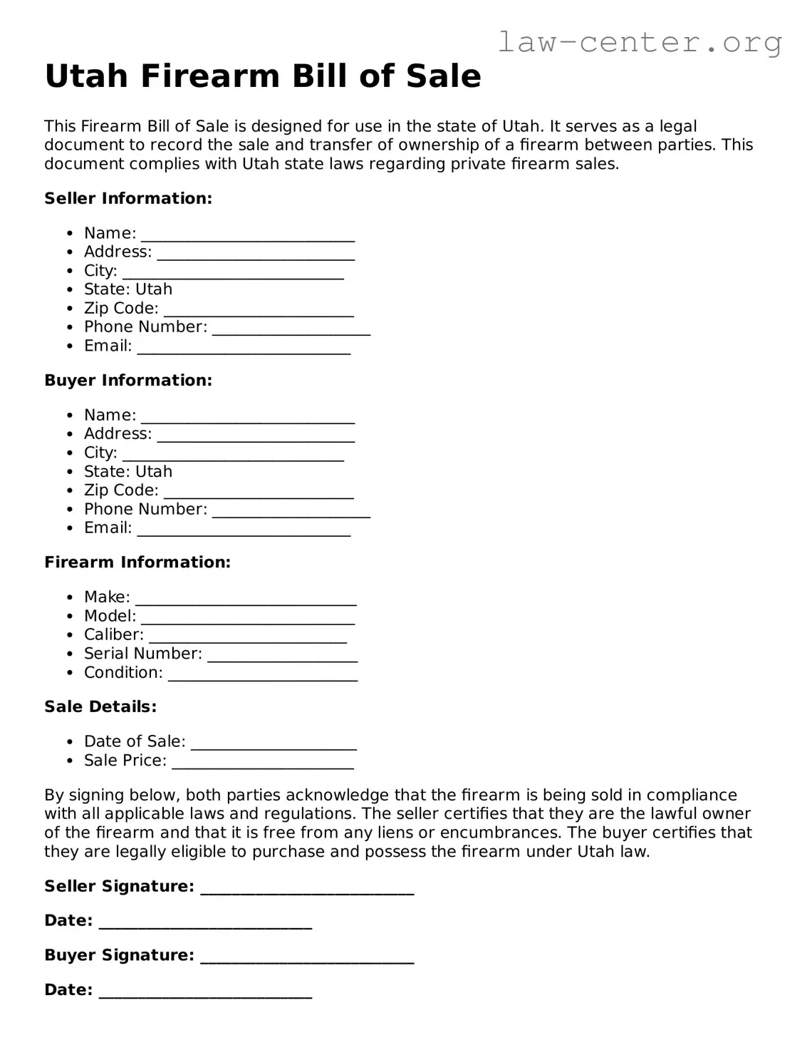 Attorney-Approved Utah Firearm Bill of Sale Document