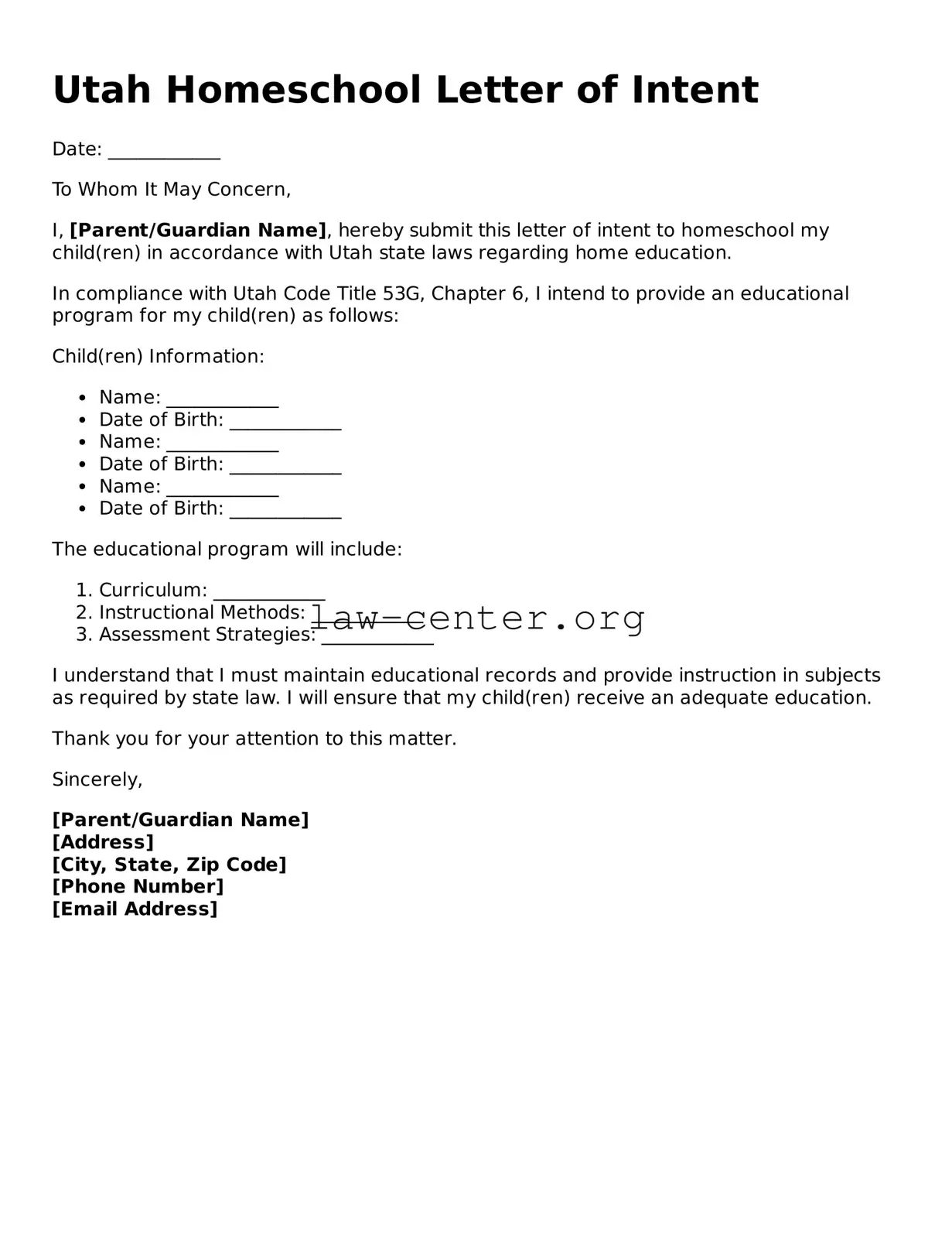 Attorney-Approved Utah Homeschool Letter of Intent Document
