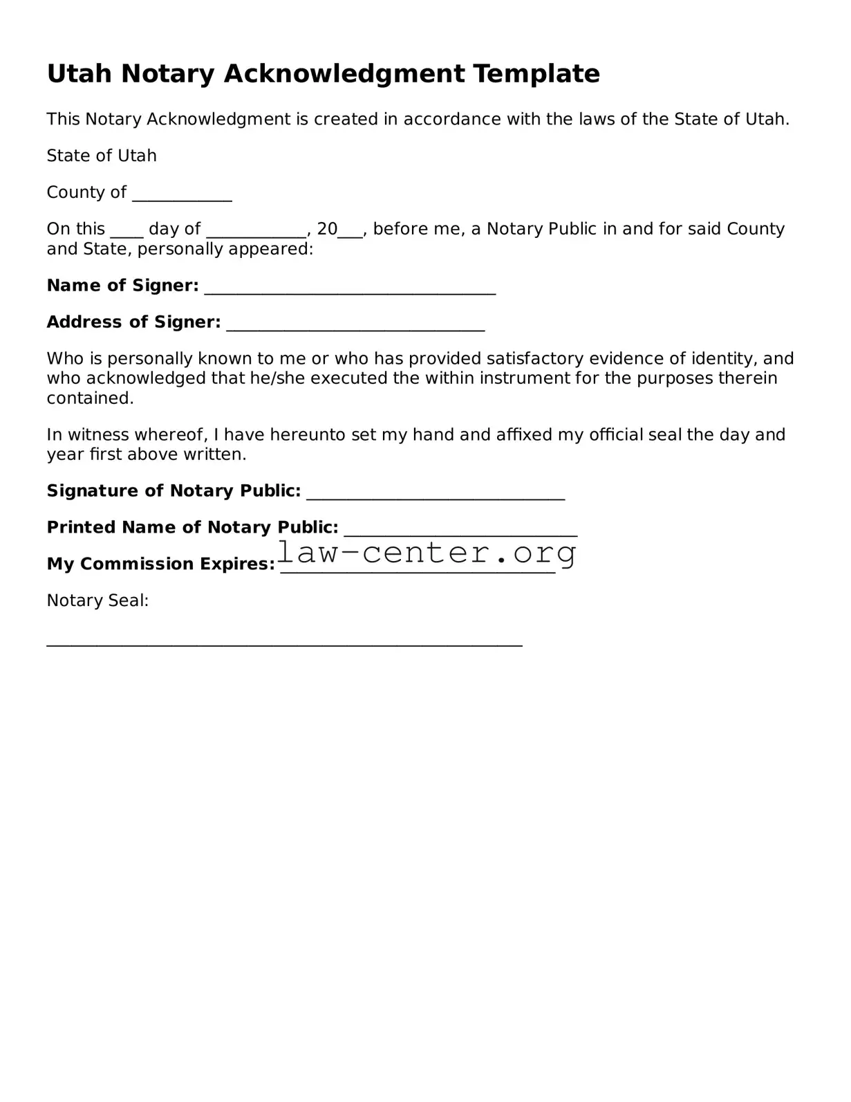 Attorney-Approved Utah Notary Acknowledgement Document