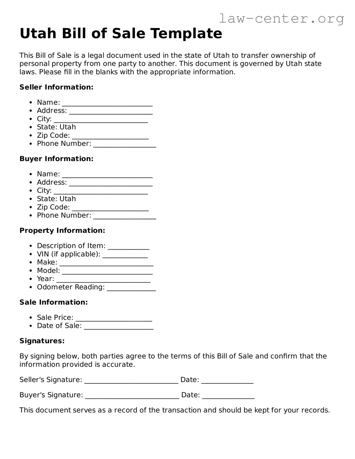 Attorney-Approved Utah Bill of Sale Document