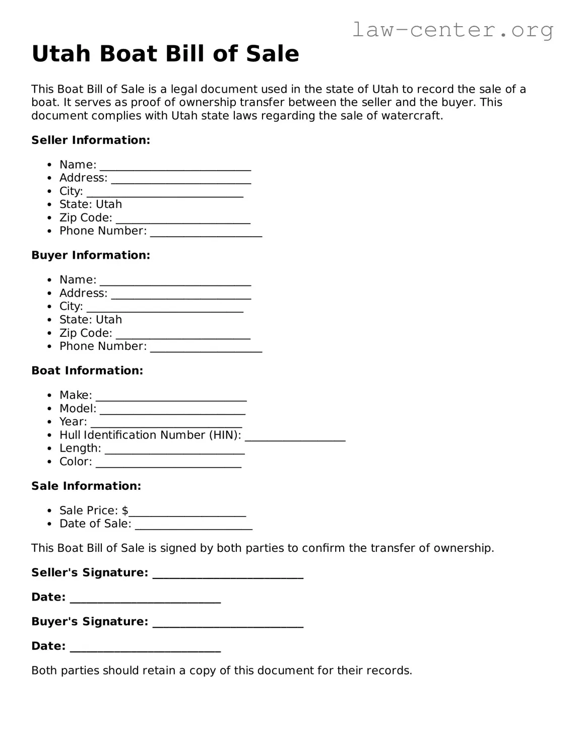 Attorney-Approved Utah Boat Bill of Sale Document
