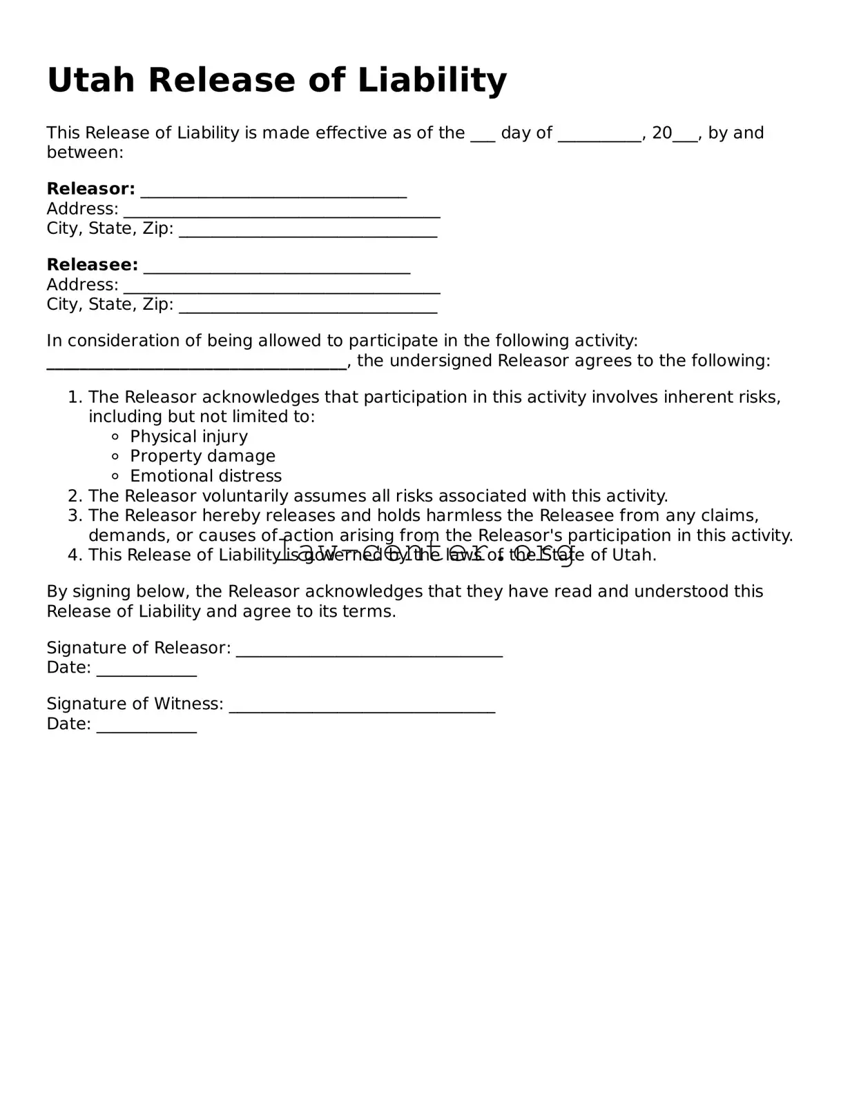 Attorney-Approved Utah Release of Liability Document