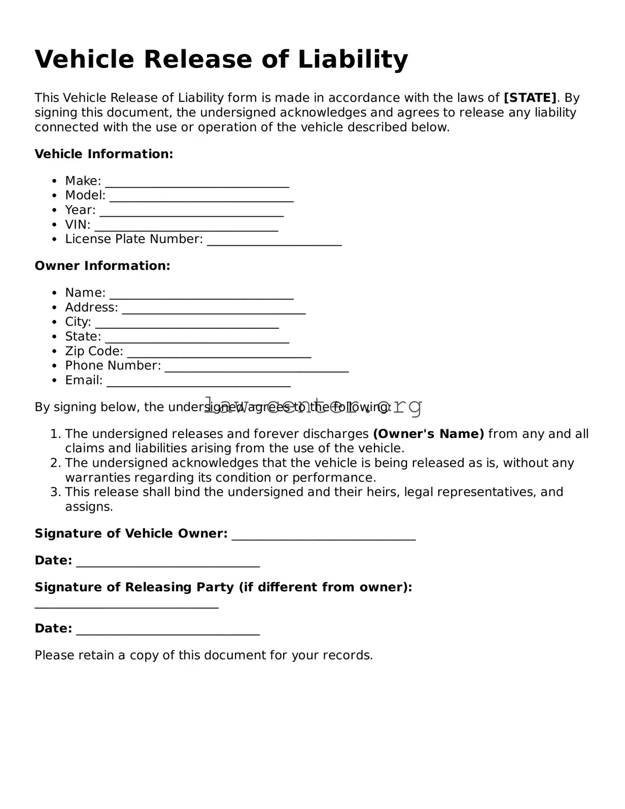 Free Vehicle Release of Liability Template