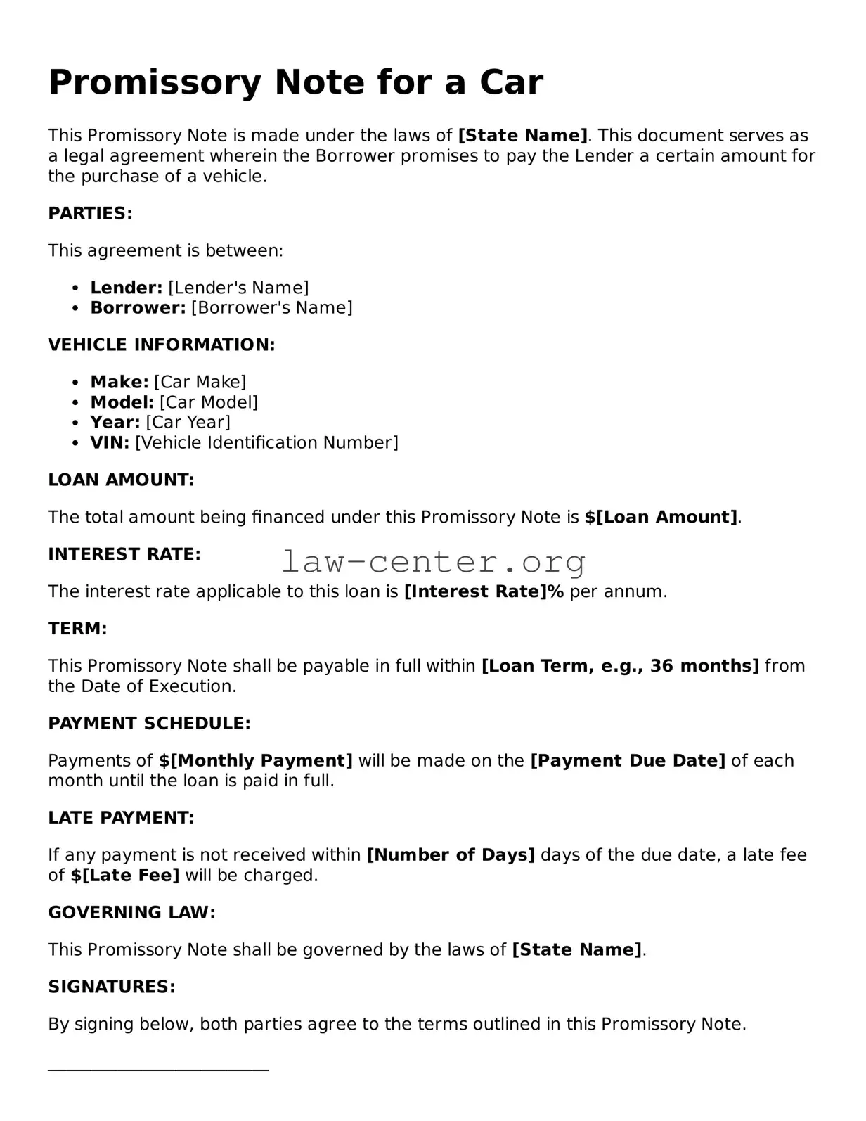 Free Promissory Note for a Car Template