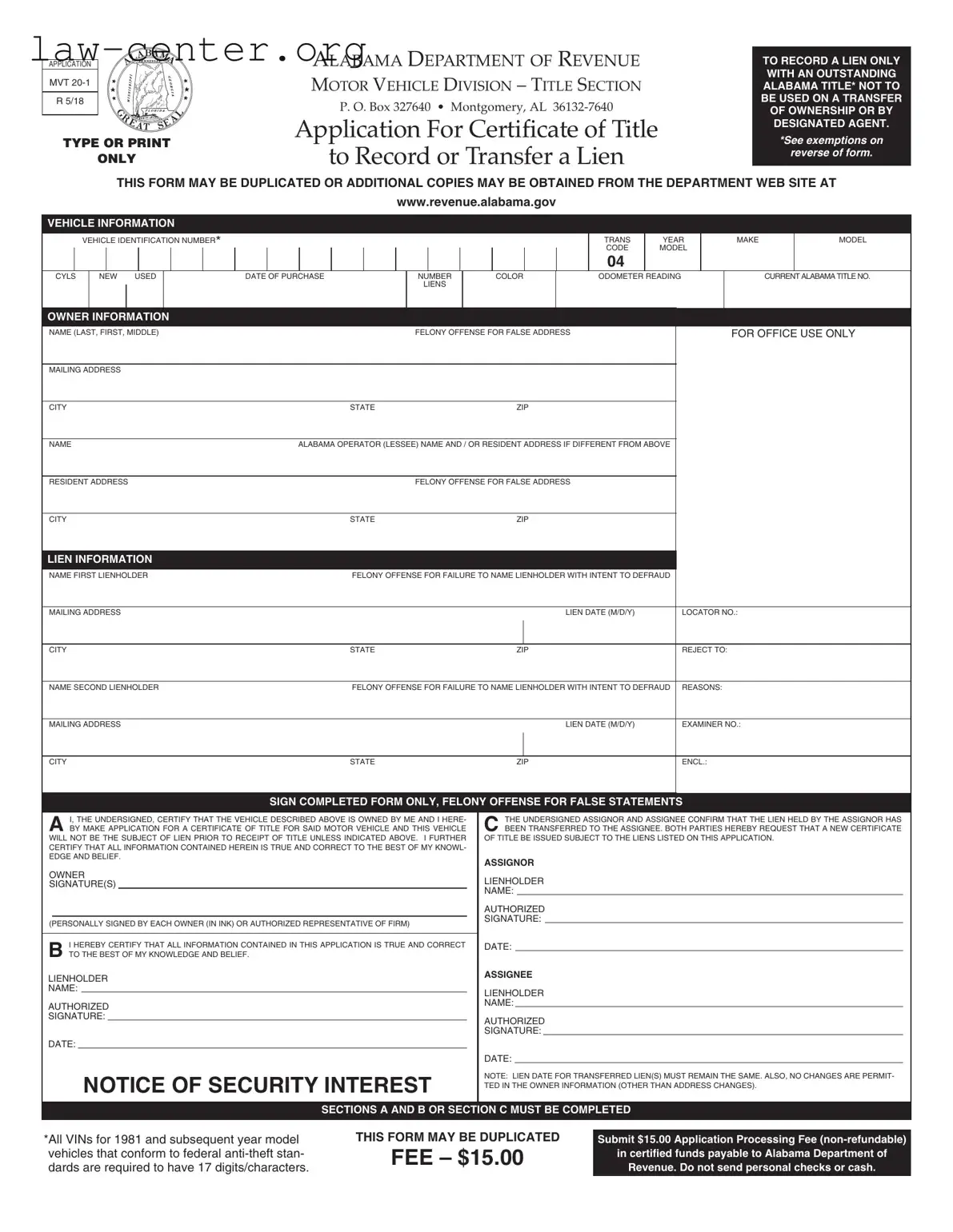 Get Alabama Mvt 20 1 Form
