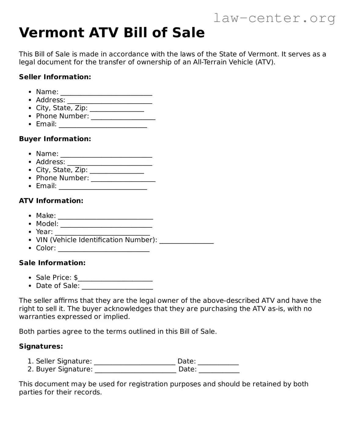 Attorney-Approved Vermont ATV Bill of Sale Document