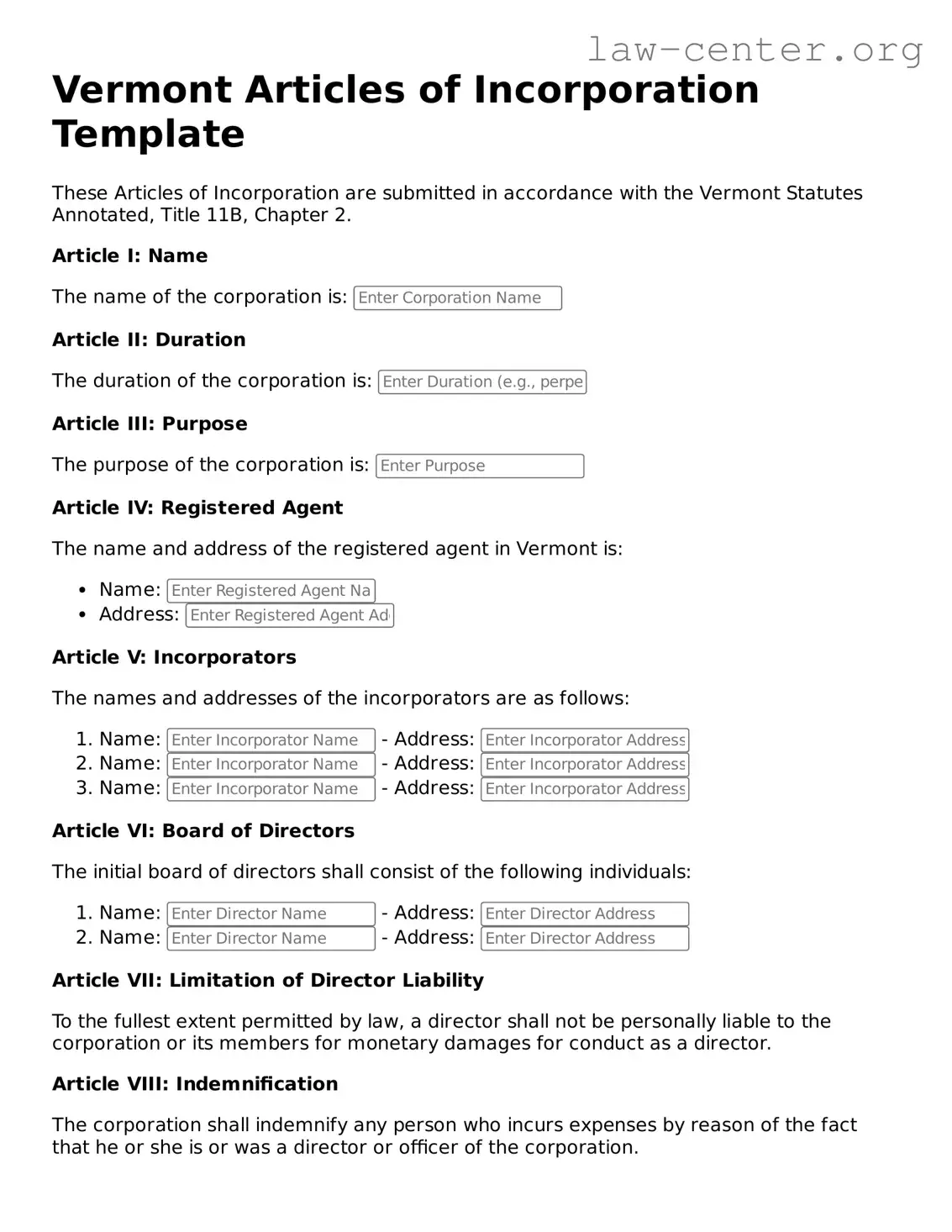 Attorney-Approved Vermont Articles of Incorporation Document