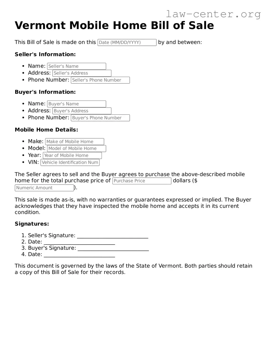Attorney-Approved Vermont Mobile Home Bill of Sale Document