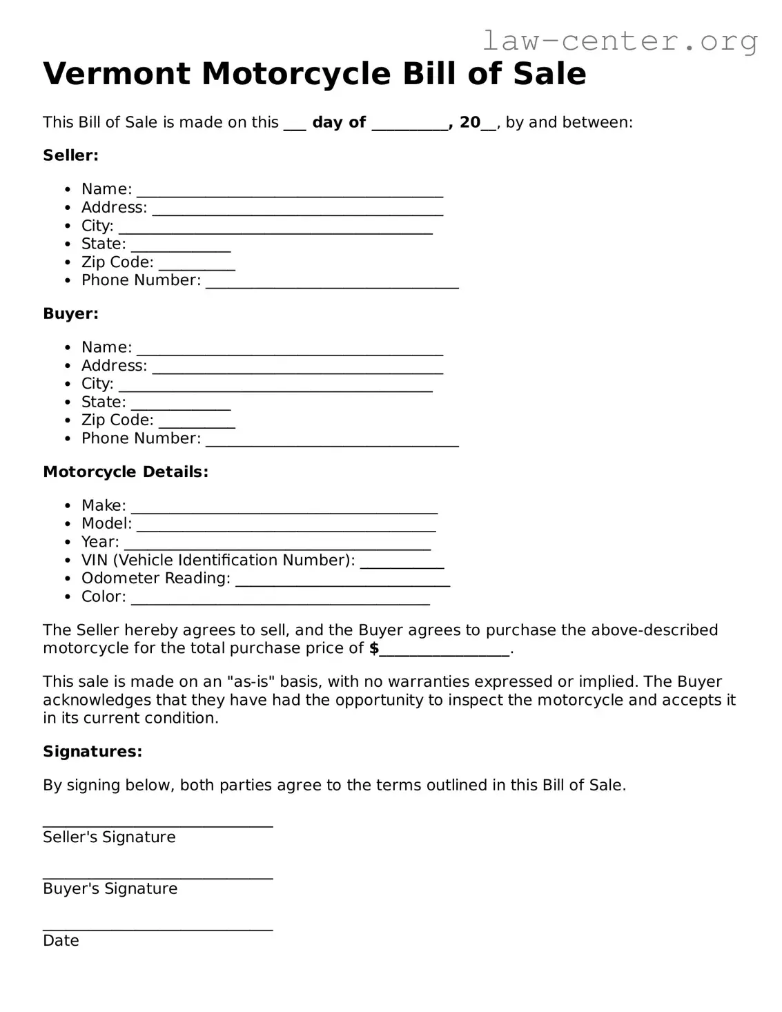 Attorney-Approved Vermont Motorcycle Bill of Sale Document