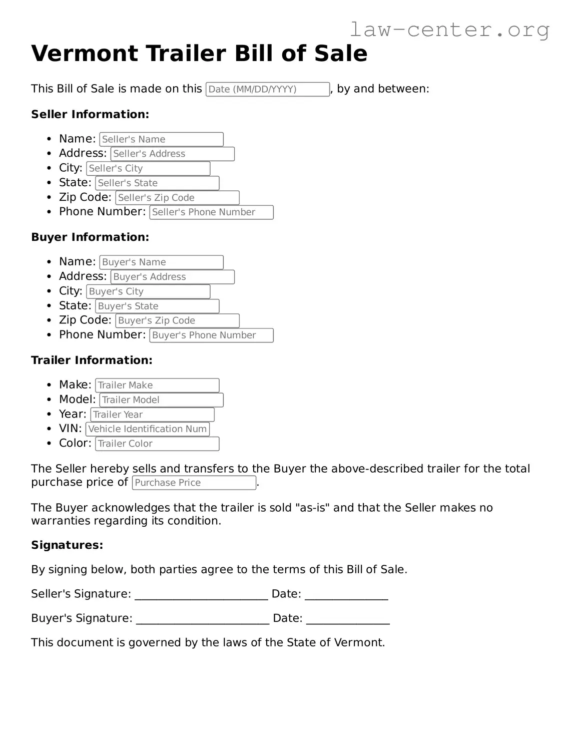 Attorney-Approved Vermont Trailer Bill of Sale Document