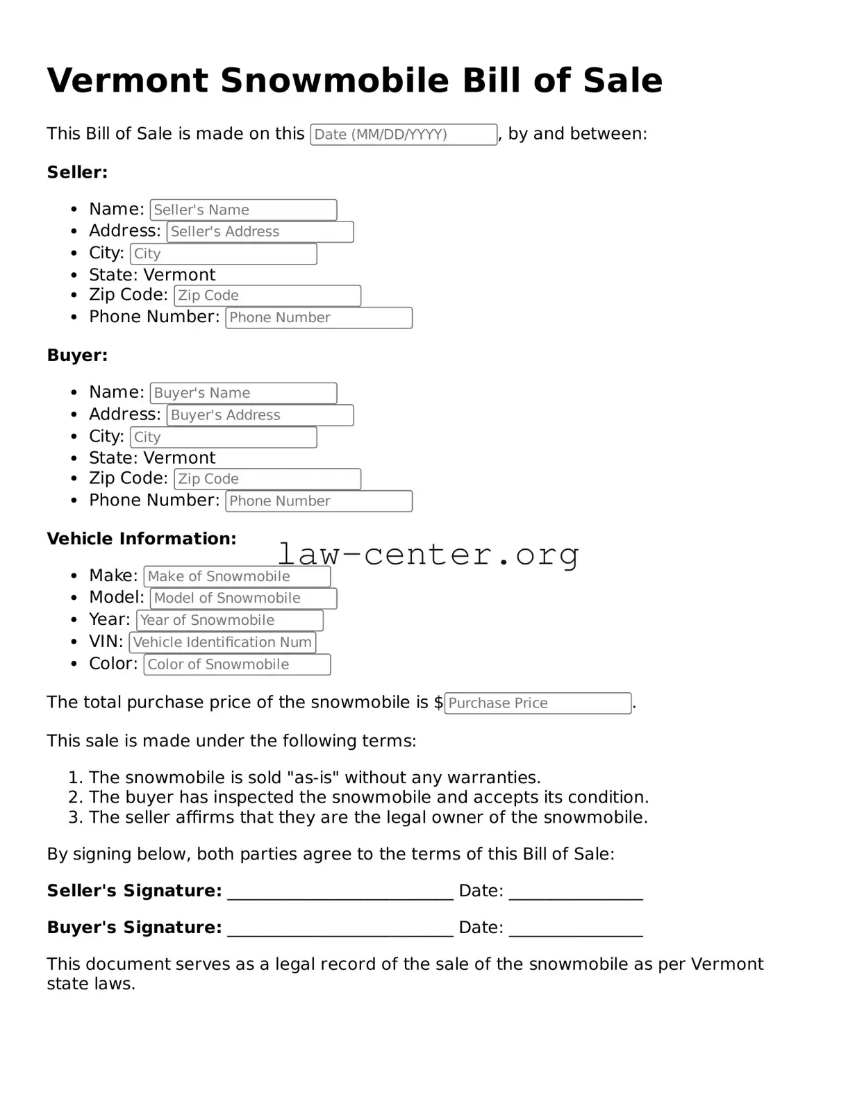 Attorney-Approved Vermont Snowmobile Bill of Sale Document