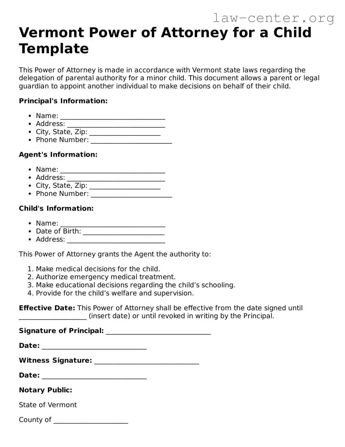 Attorney-Approved Vermont Power of Attorney for a Child Document