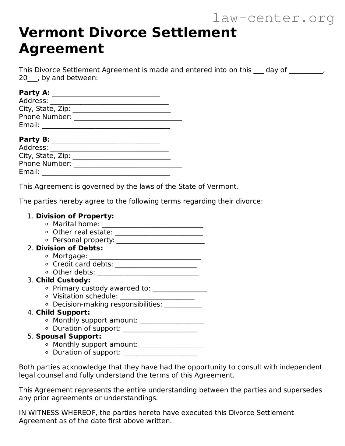 Attorney-Approved Vermont Divorce Settlement Agreement Document