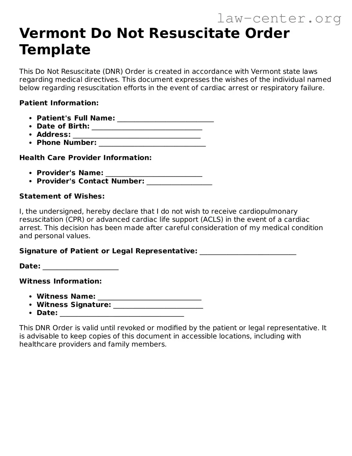 Attorney-Approved Vermont Do Not Resuscitate Order Document