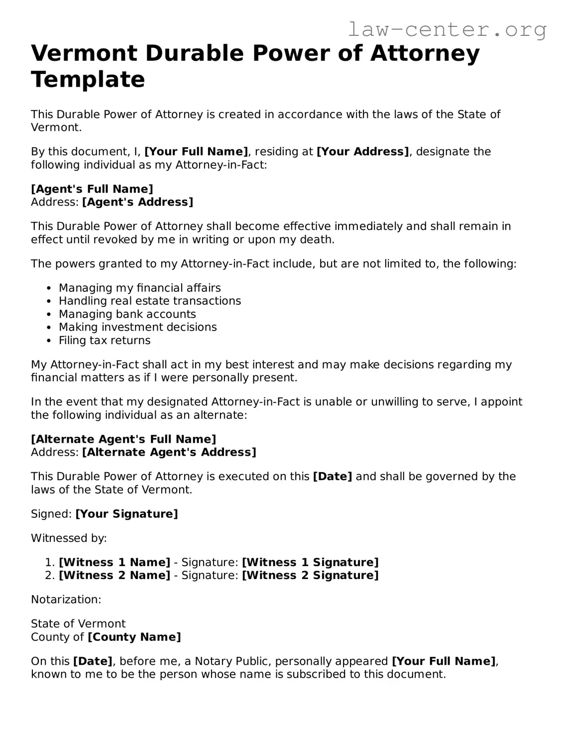 Attorney-Approved Vermont Durable Power of Attorney Document