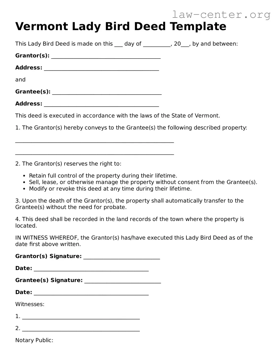 Attorney-Approved Vermont Lady Bird Deed Document