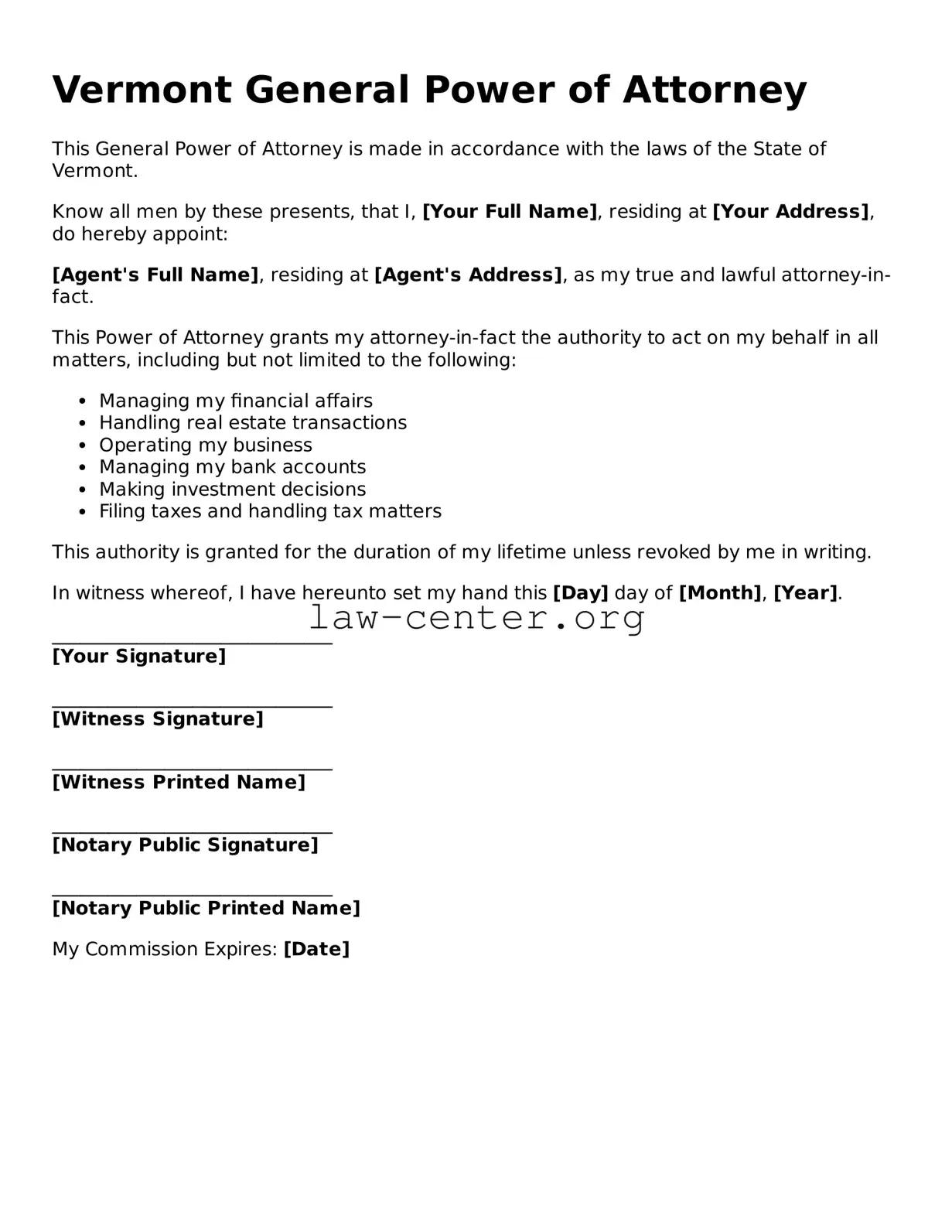Attorney-Approved Vermont General Power of Attorney Document