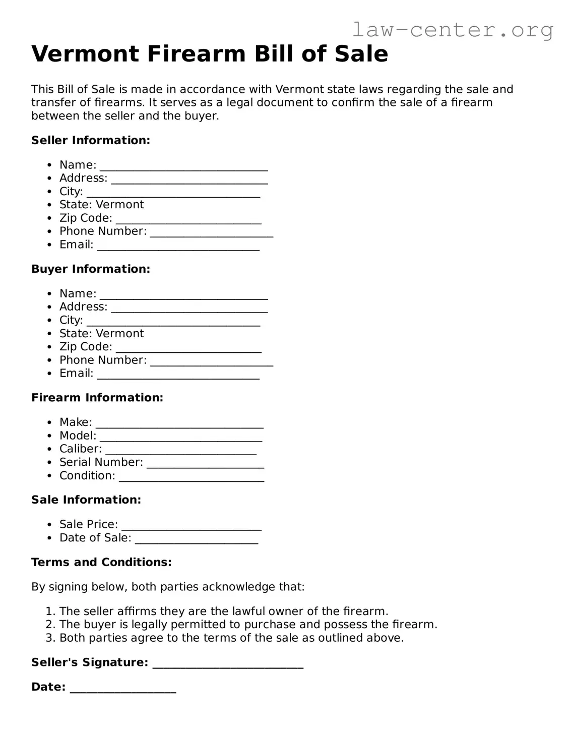Attorney-Approved Vermont Firearm Bill of Sale Document