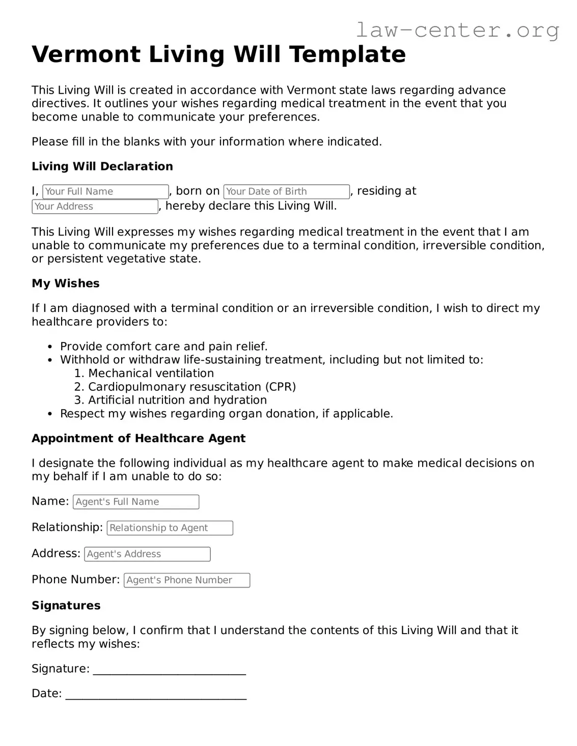 Attorney-Approved Vermont Living Will Document