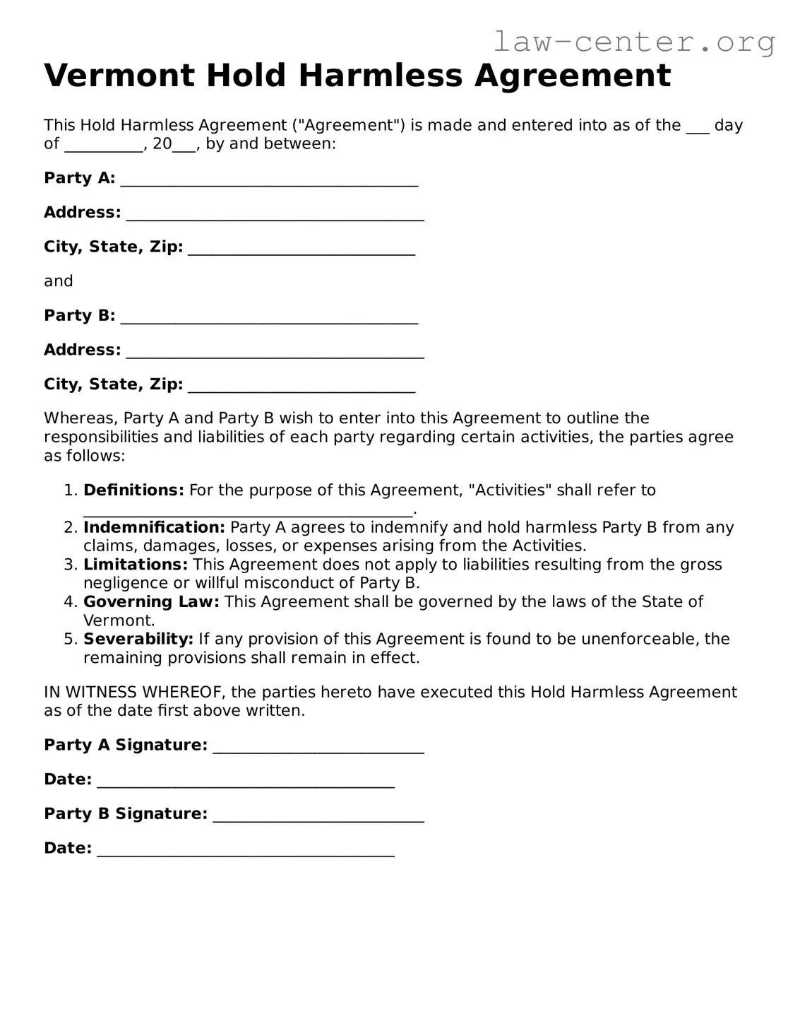 Attorney-Approved Vermont Hold Harmless Agreement Document