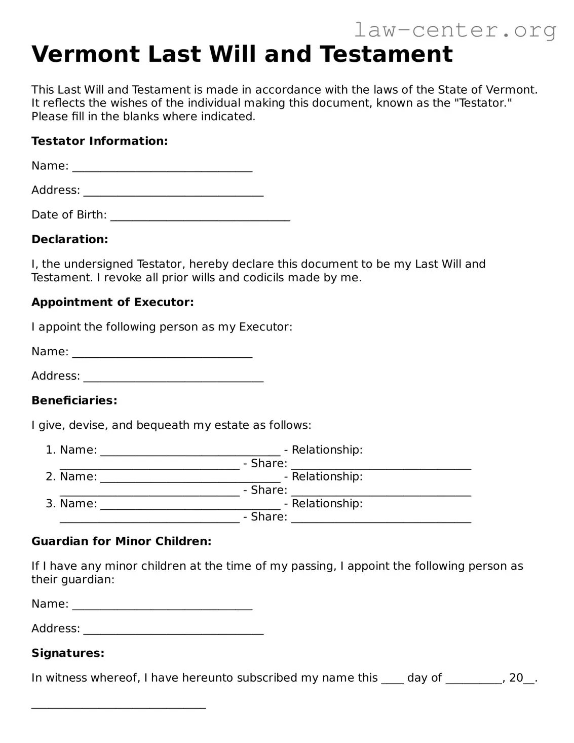 Attorney-Approved Vermont Last Will and Testament Document