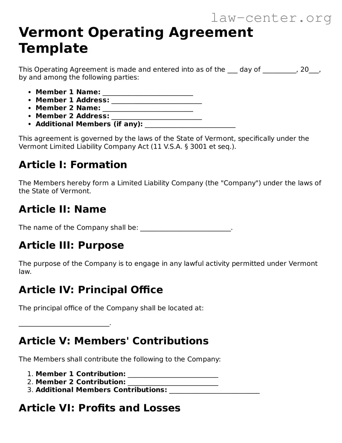 Attorney-Approved Vermont Operating Agreement Document
