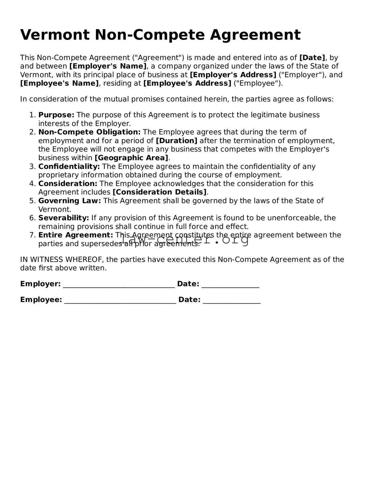 Attorney-Approved Vermont Non-compete Agreement Document