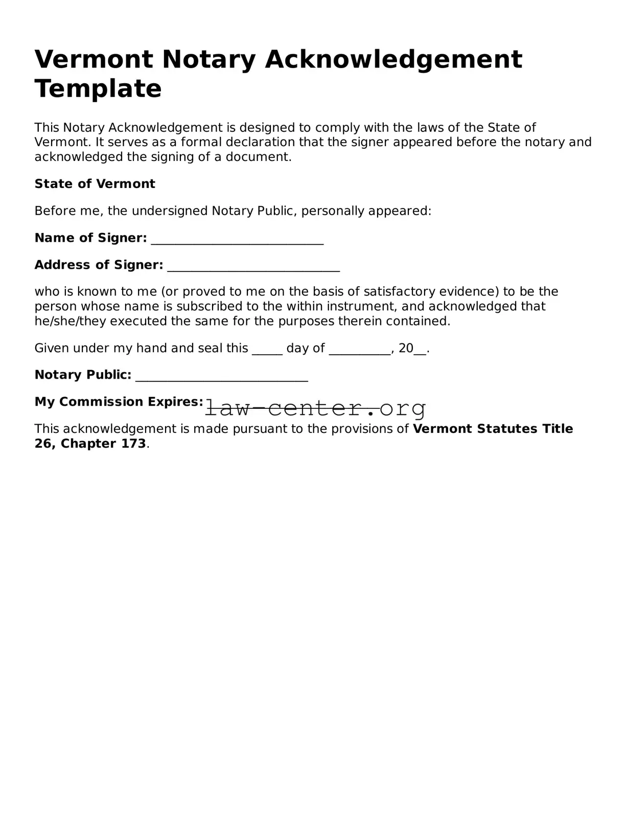 Attorney-Approved Vermont Notary Acknowledgement Document