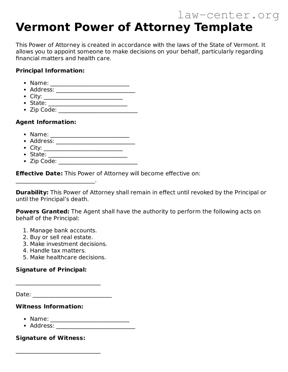 Attorney-Approved Vermont Power of Attorney Document