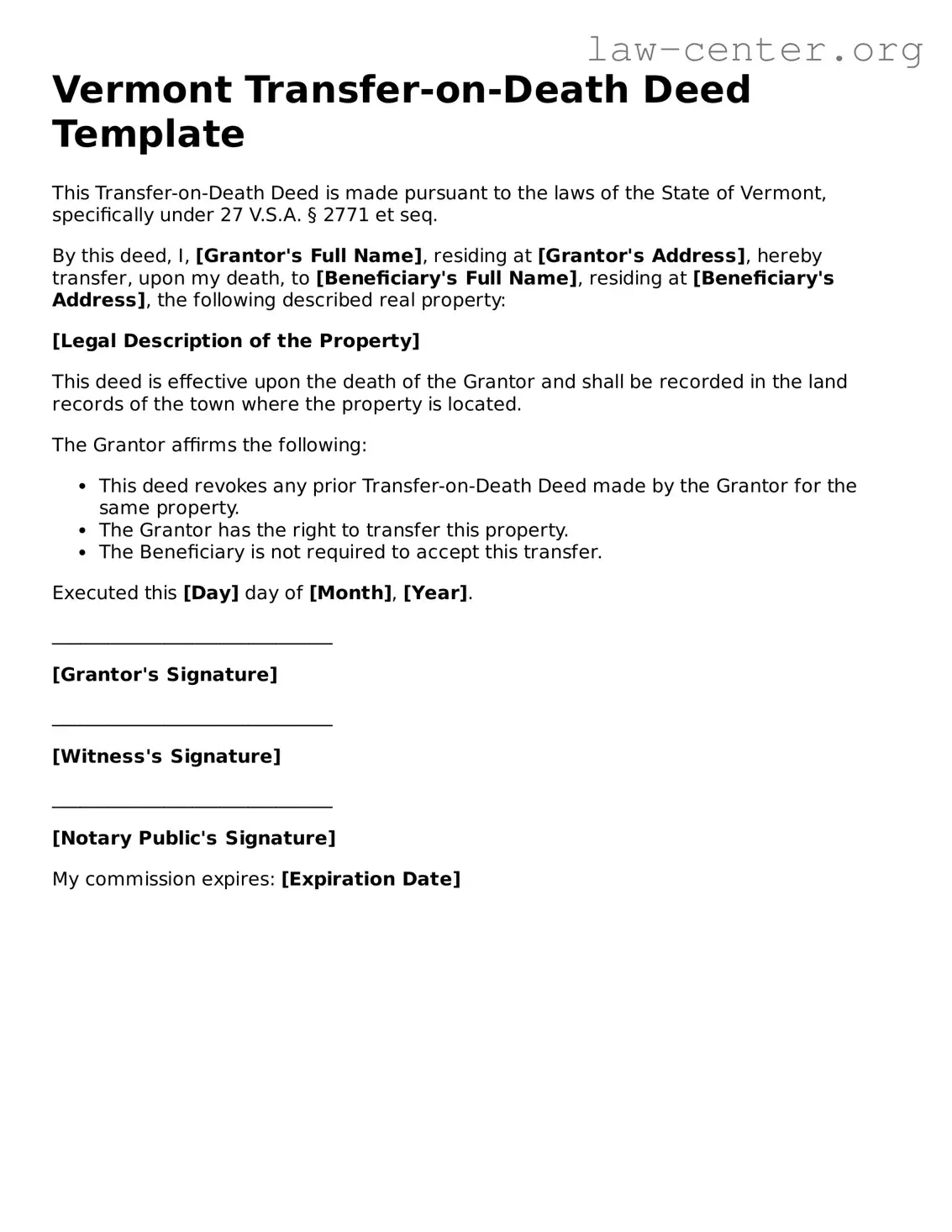 Attorney-Approved Vermont Transfer-on-Death Deed Document