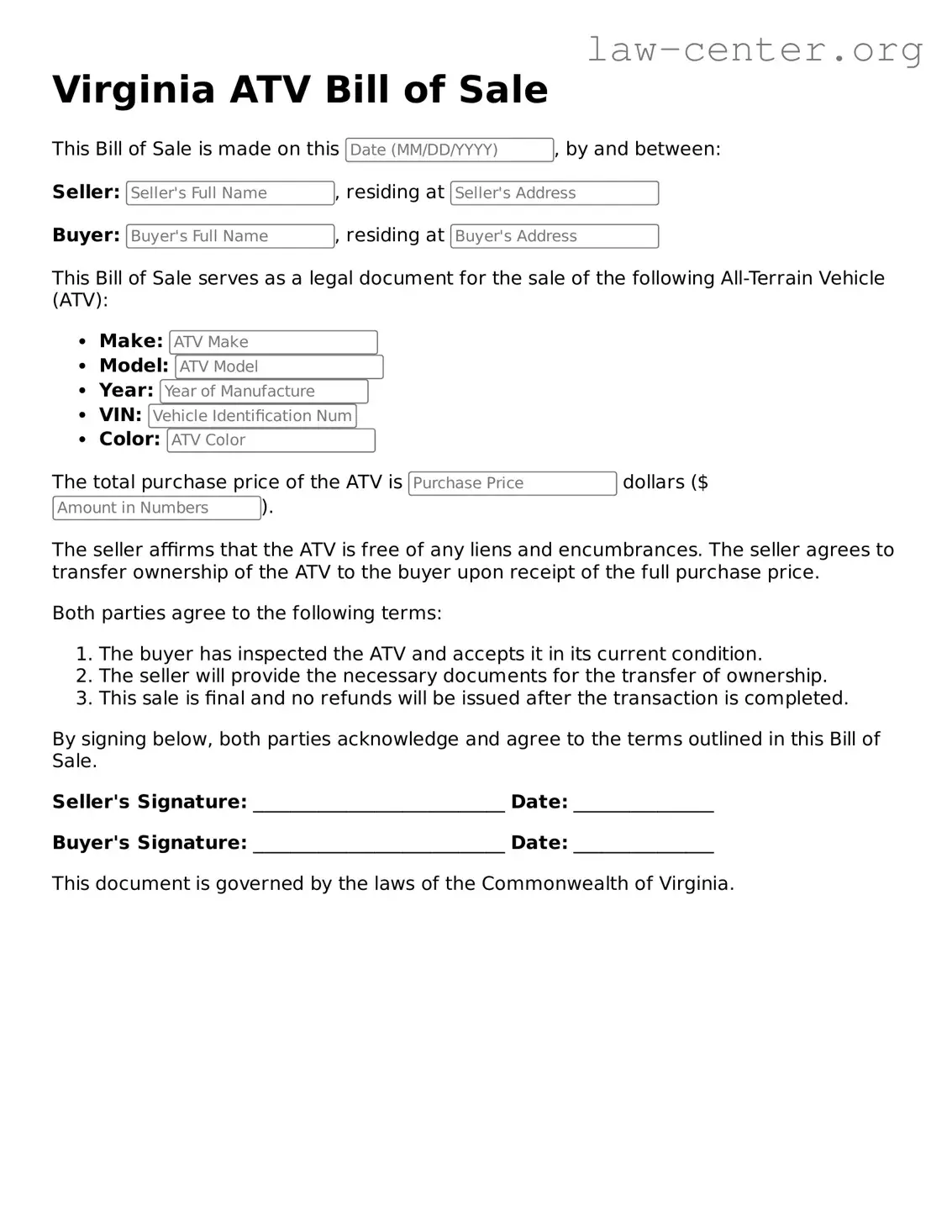 Attorney-Approved Virginia ATV Bill of Sale Document
