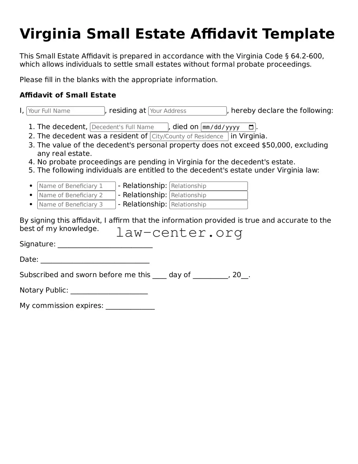 Attorney-Approved Virginia Small Estate Affidavit Document