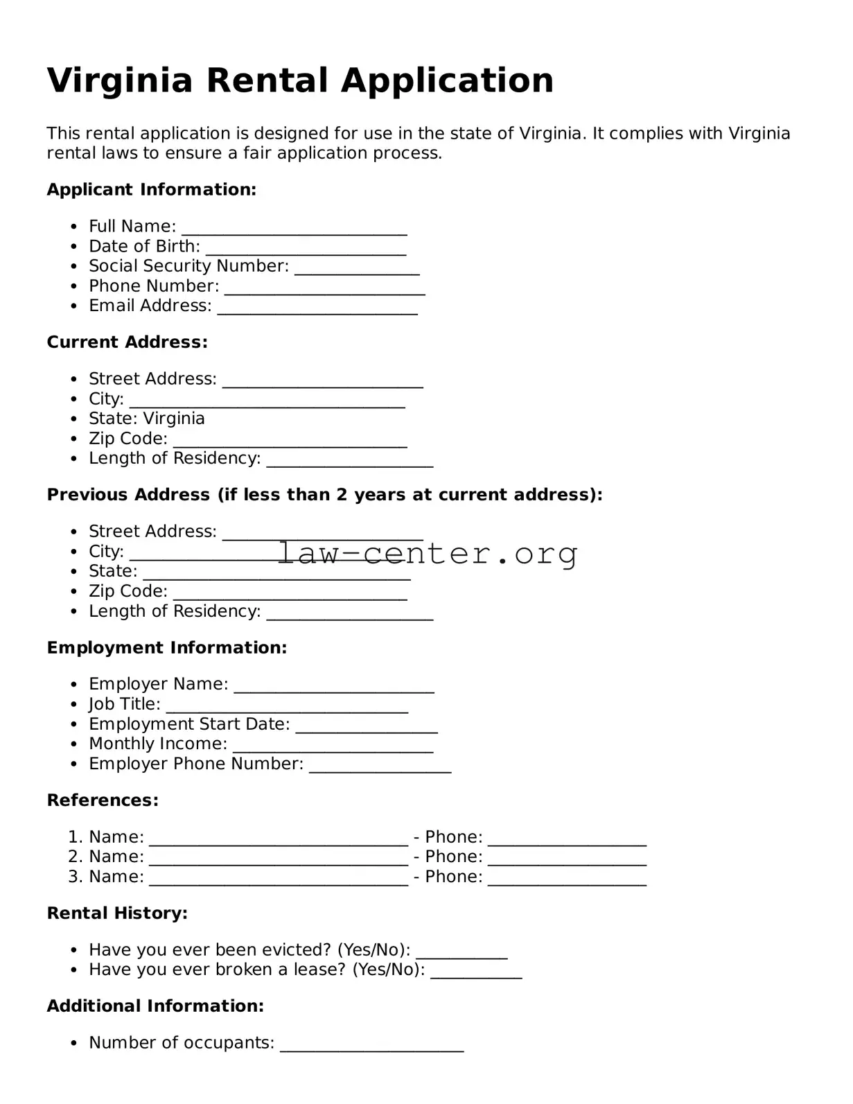 Attorney-Approved Virginia Rental Application Document