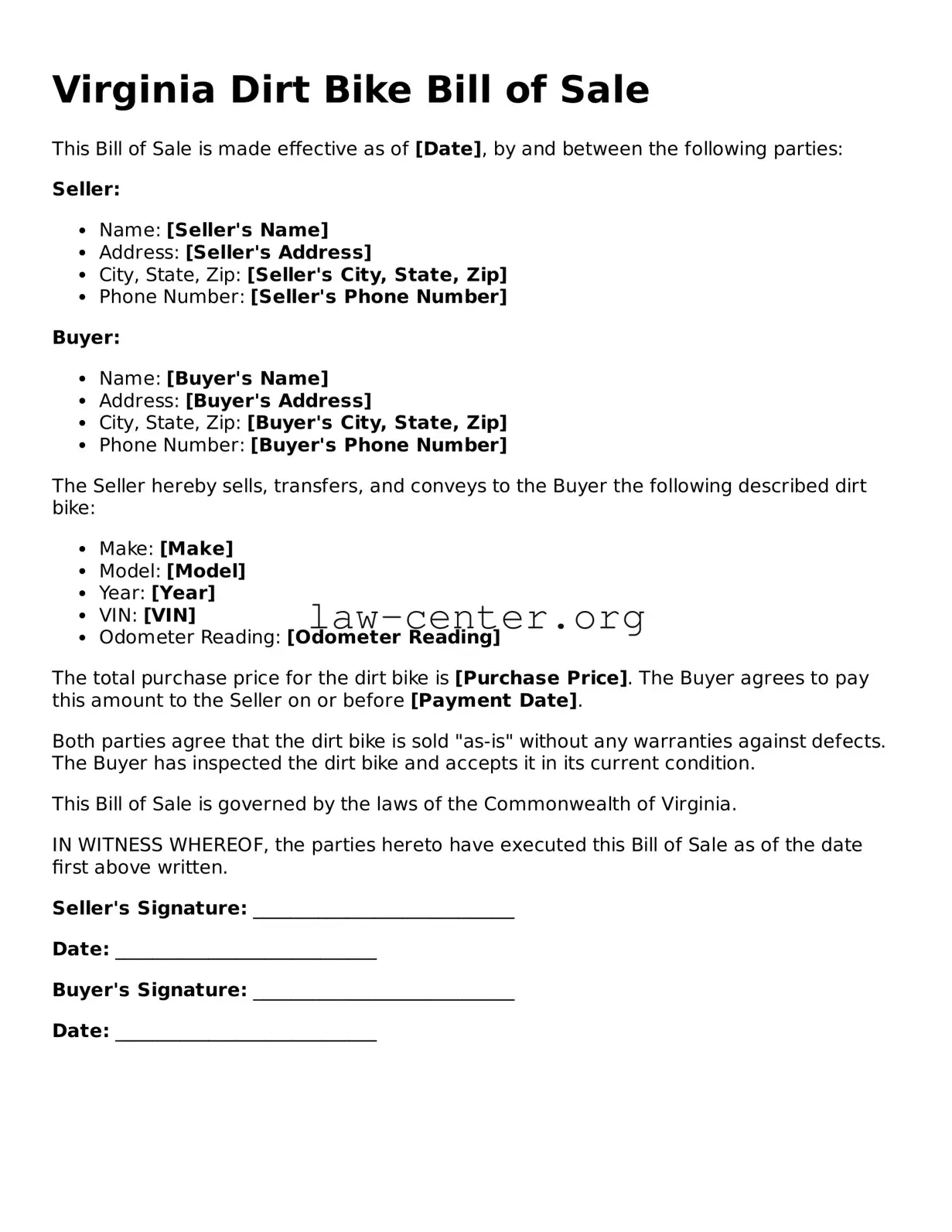 Attorney-Approved Virginia Dirt Bike Bill of Sale Document