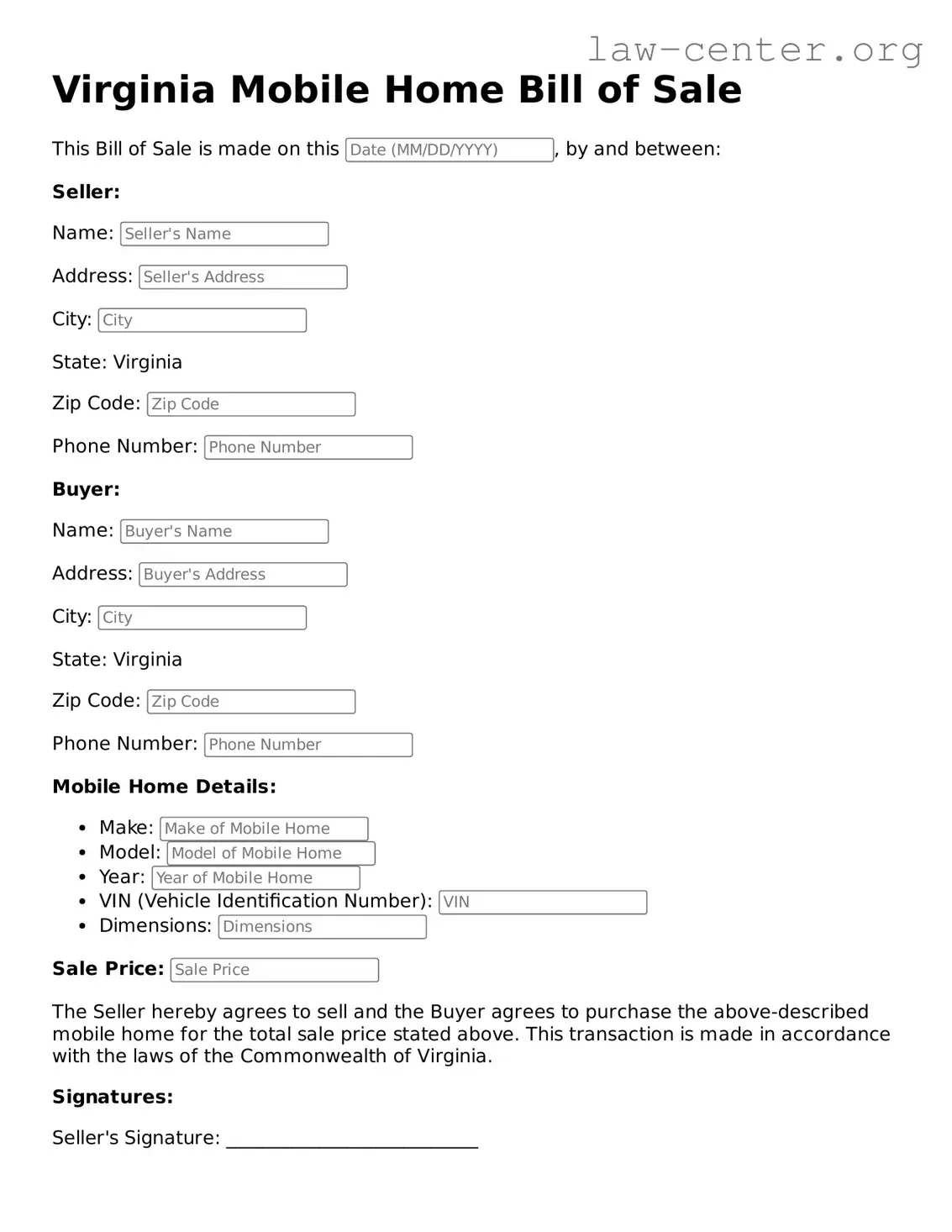 Attorney-Approved Virginia Mobile Home Bill of Sale Document