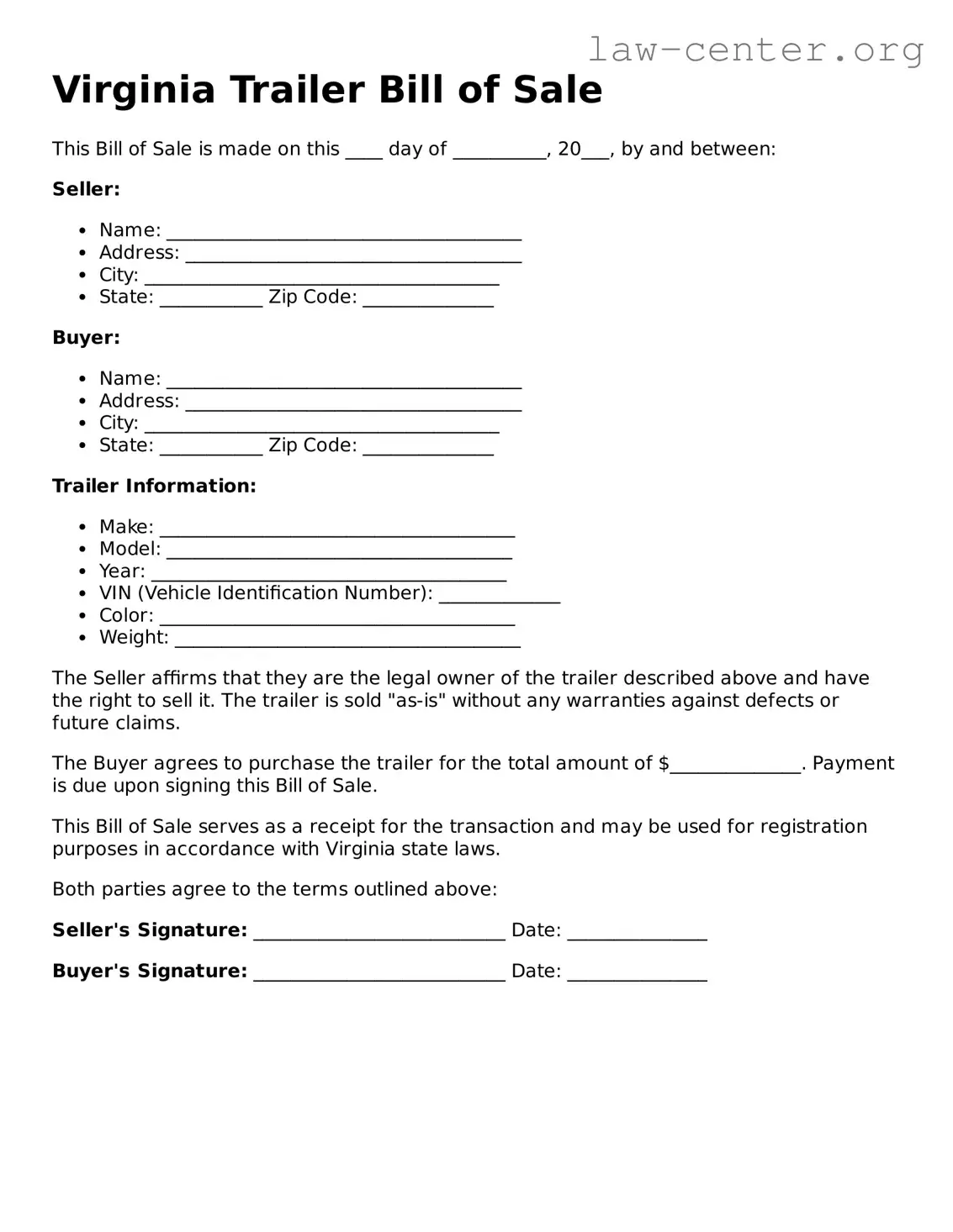 Attorney-Approved Virginia Trailer Bill of Sale Document