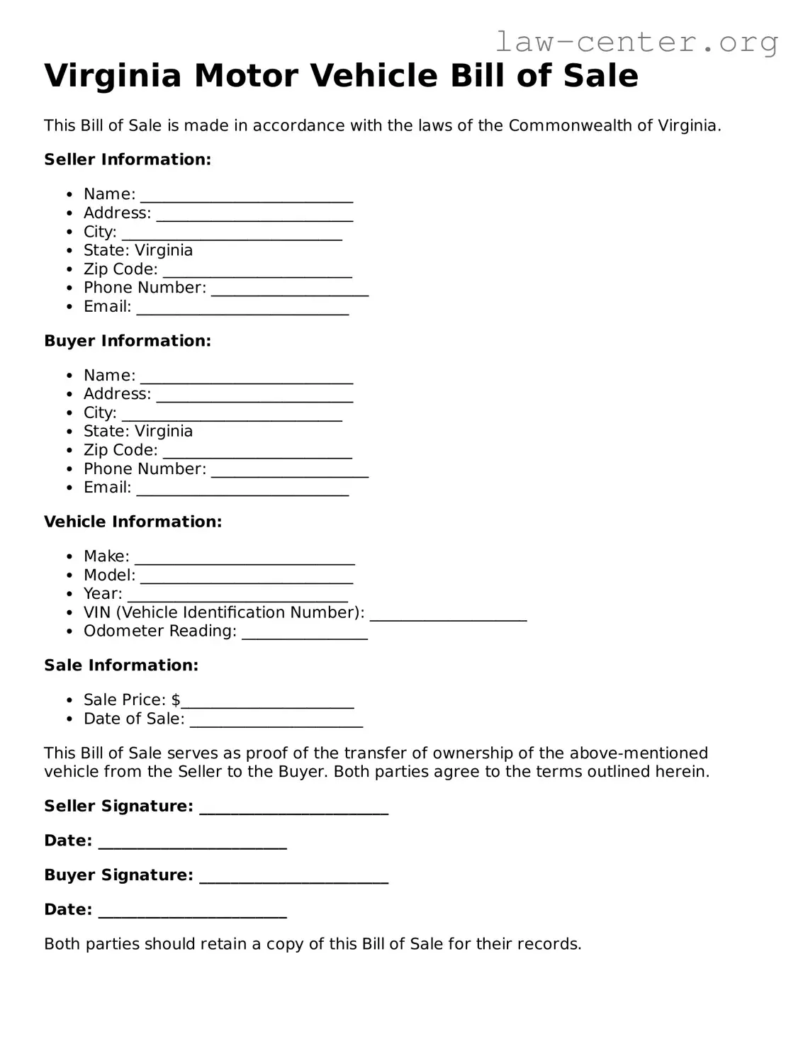 Attorney-Approved Virginia Motor Vehicle Bill of Sale Document