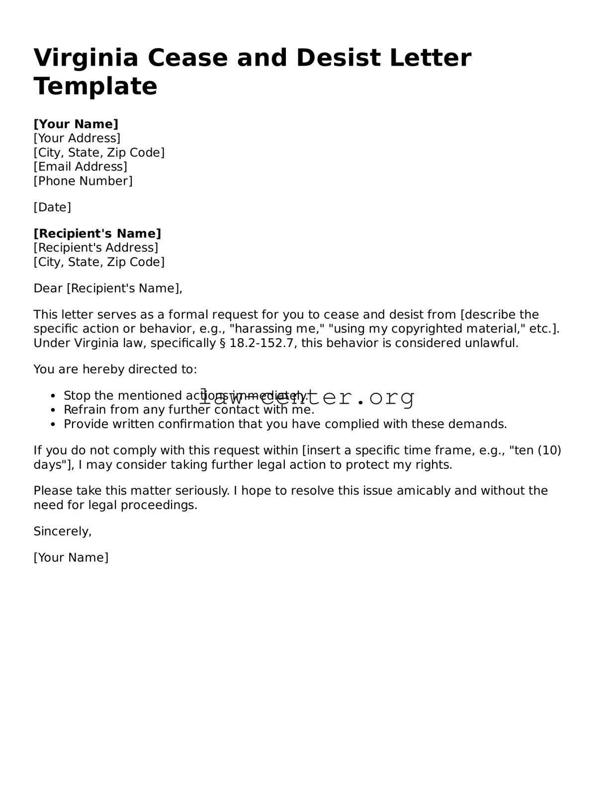 Attorney-Approved Virginia Cease and Desist Letter Document