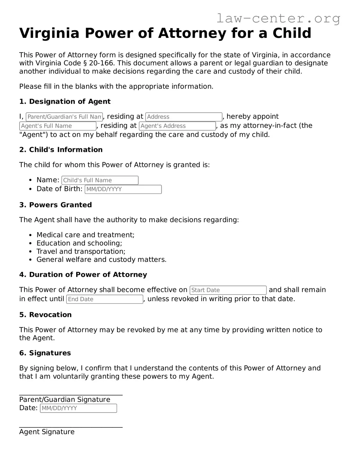 Attorney-Approved Virginia Power of Attorney for a Child Document
