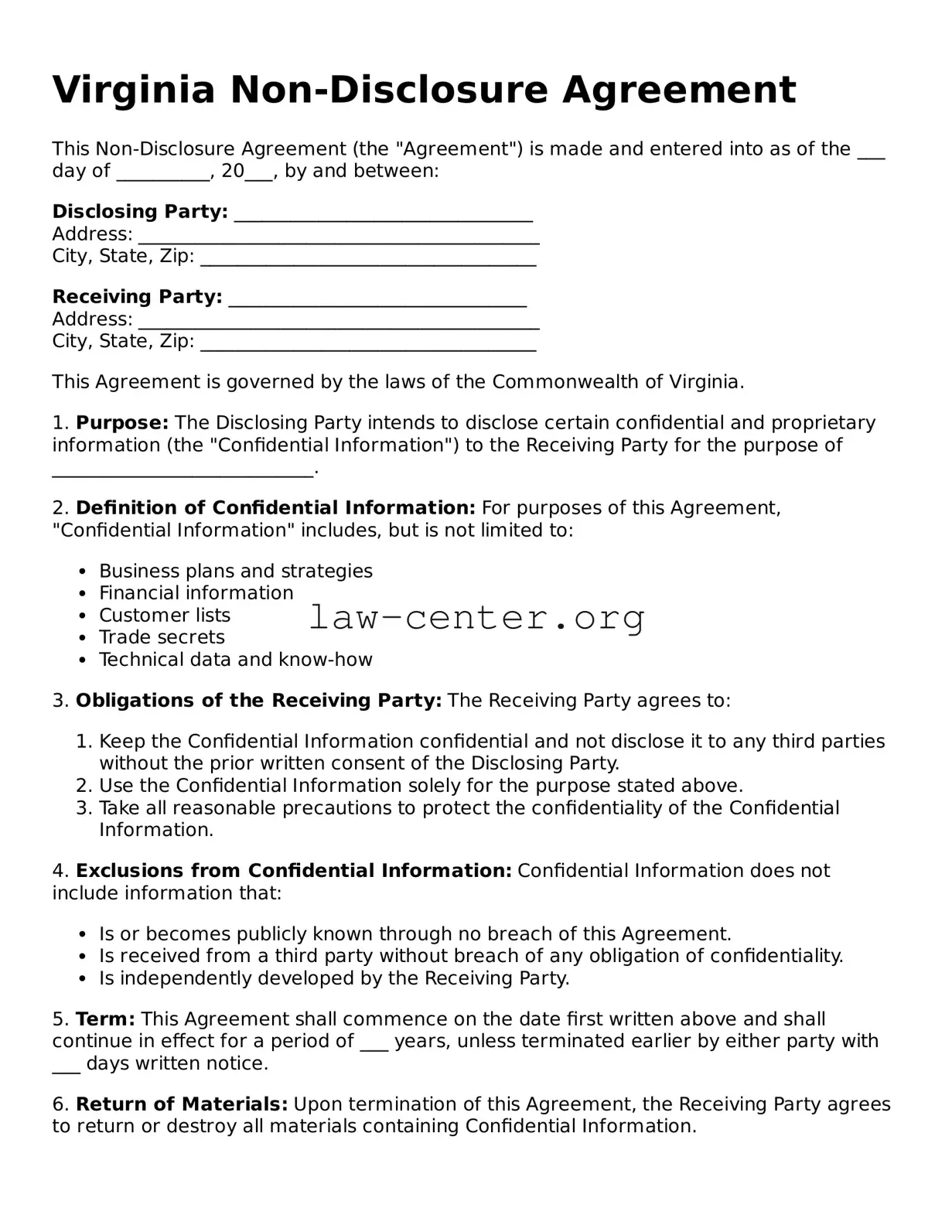 Attorney-Approved Virginia Non-disclosure Agreement Document