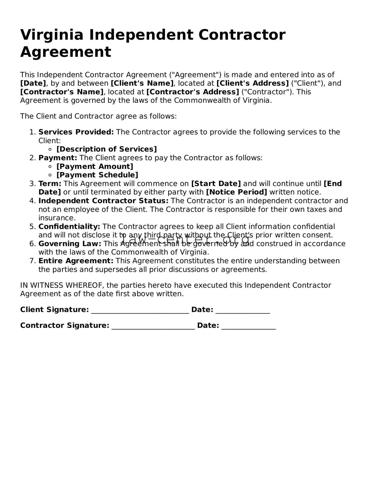 Attorney-Approved Virginia Independent Contractor Agreement Document