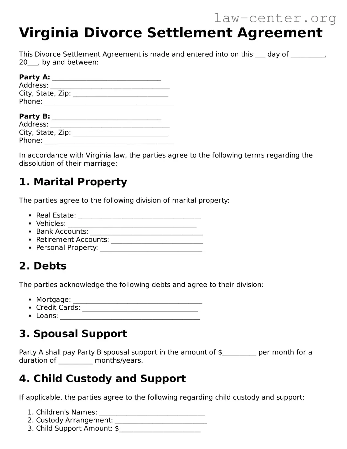 Attorney-Approved Virginia Divorce Settlement Agreement Document