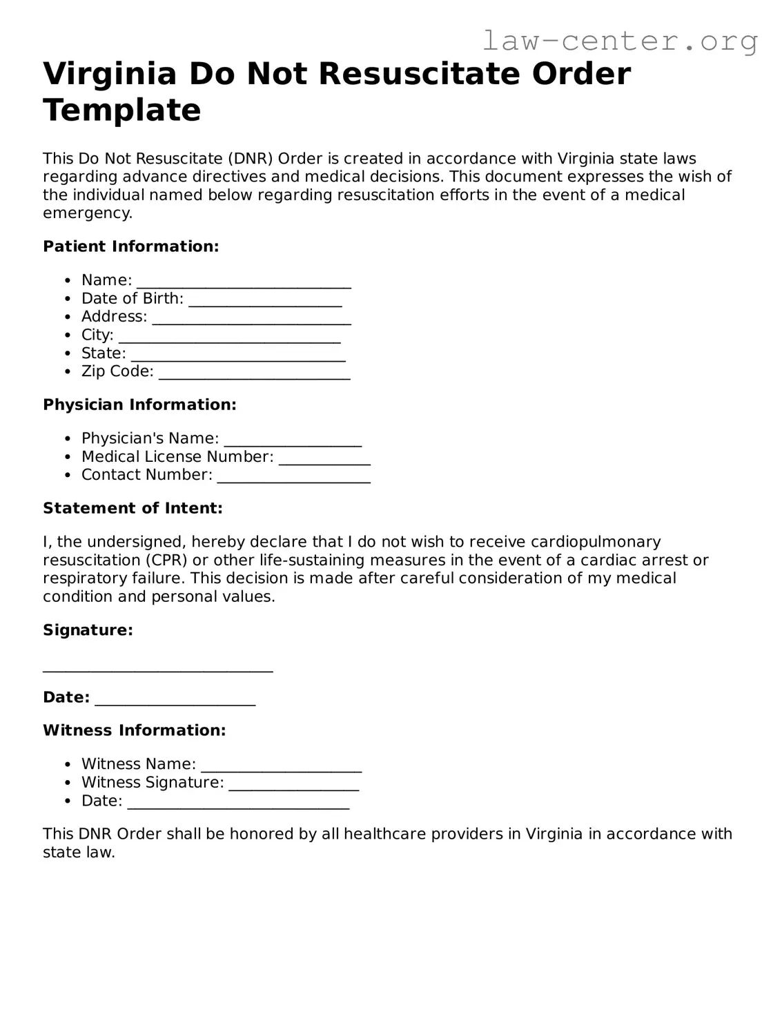 Attorney-Approved Virginia Do Not Resuscitate Order Document
