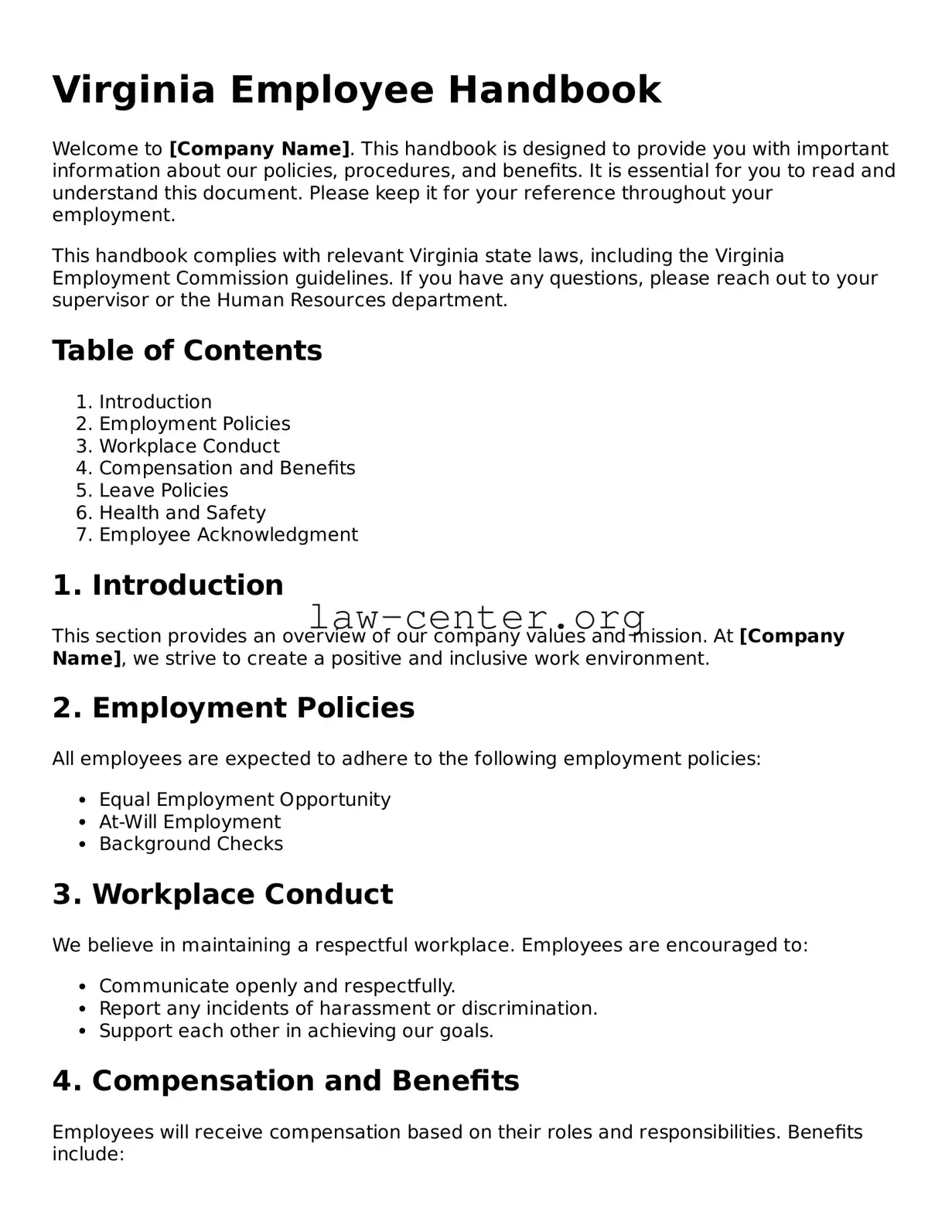 Attorney-Approved Virginia Employee Handbook Document