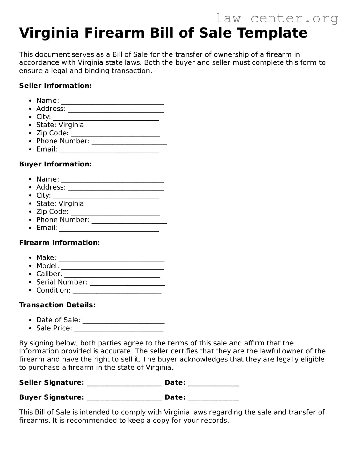 Attorney-Approved Virginia Firearm Bill of Sale Document