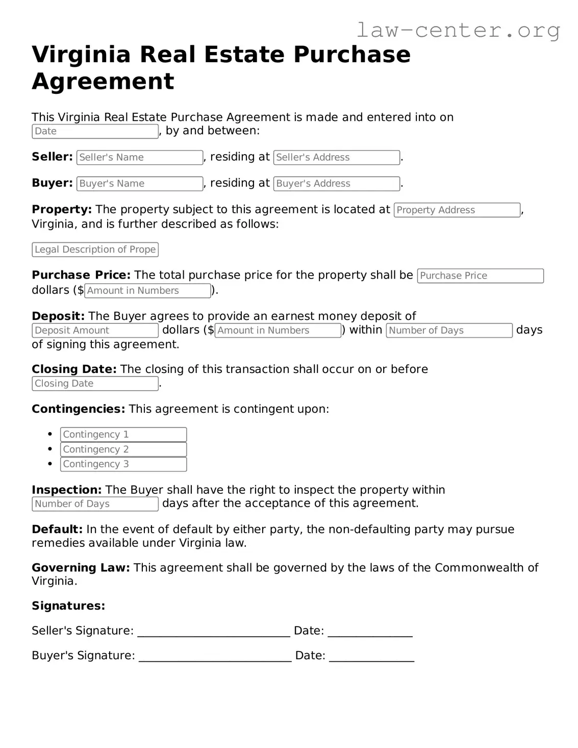 Attorney-Approved Virginia Real Estate Purchase Agreement Document